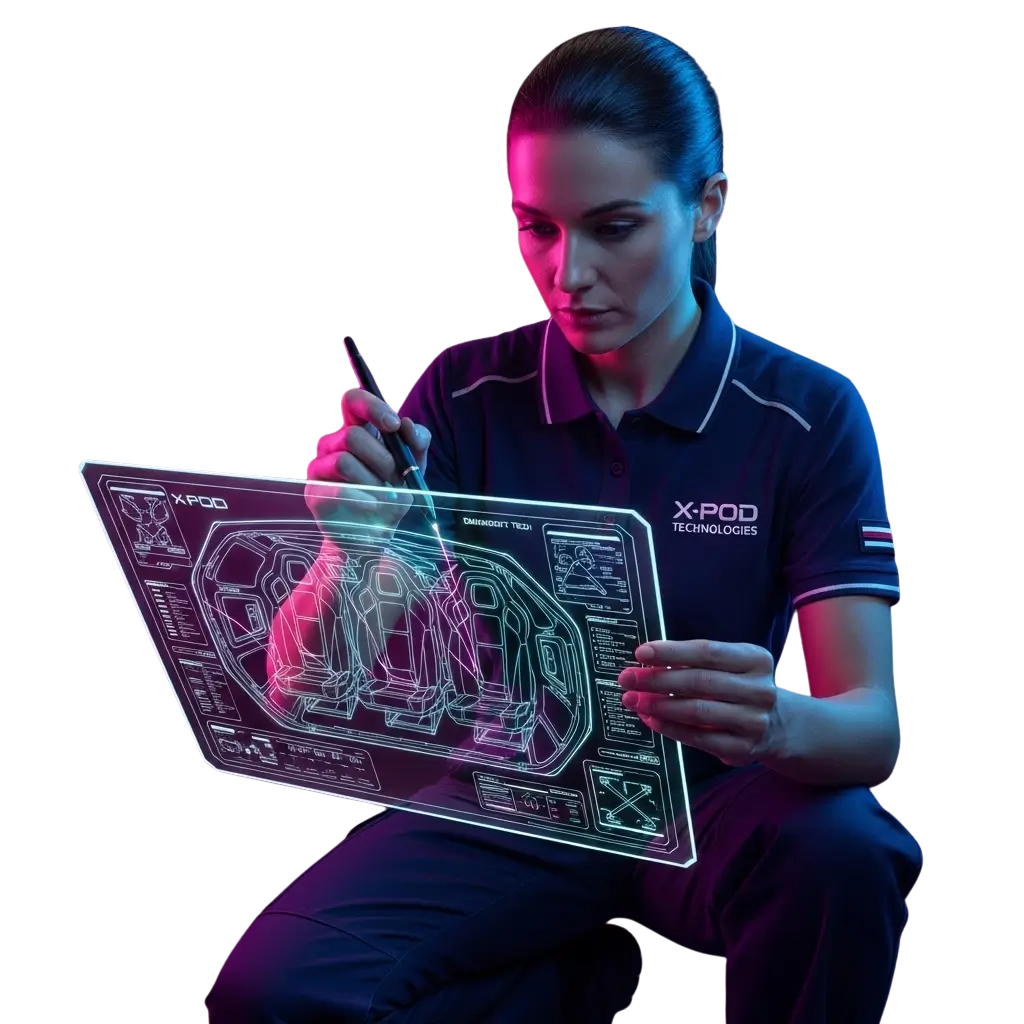 A woman examines a futuristic transparent medical scan.