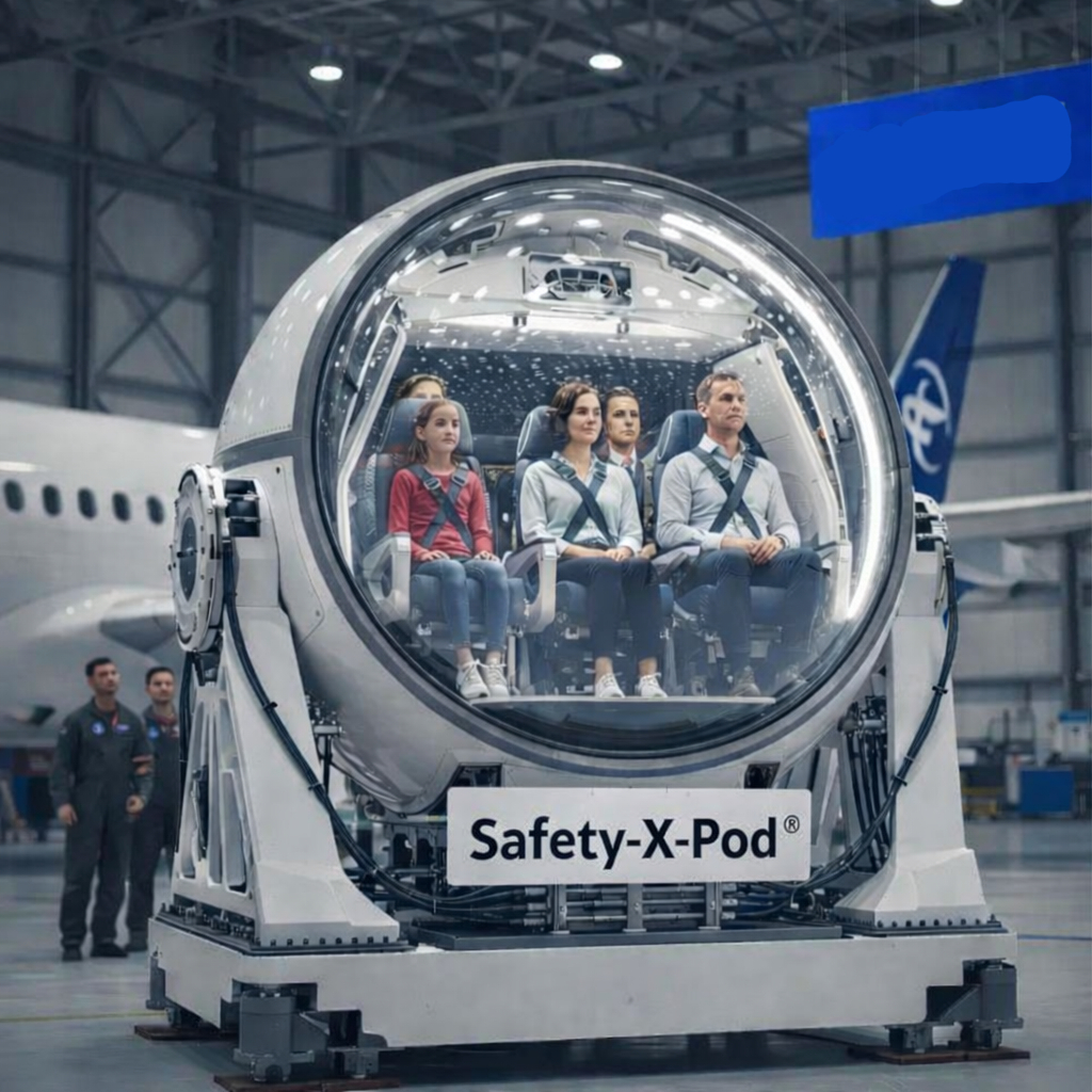 A Safety-X-Pod with three people inside, designed for aircraft safety demonstrations.