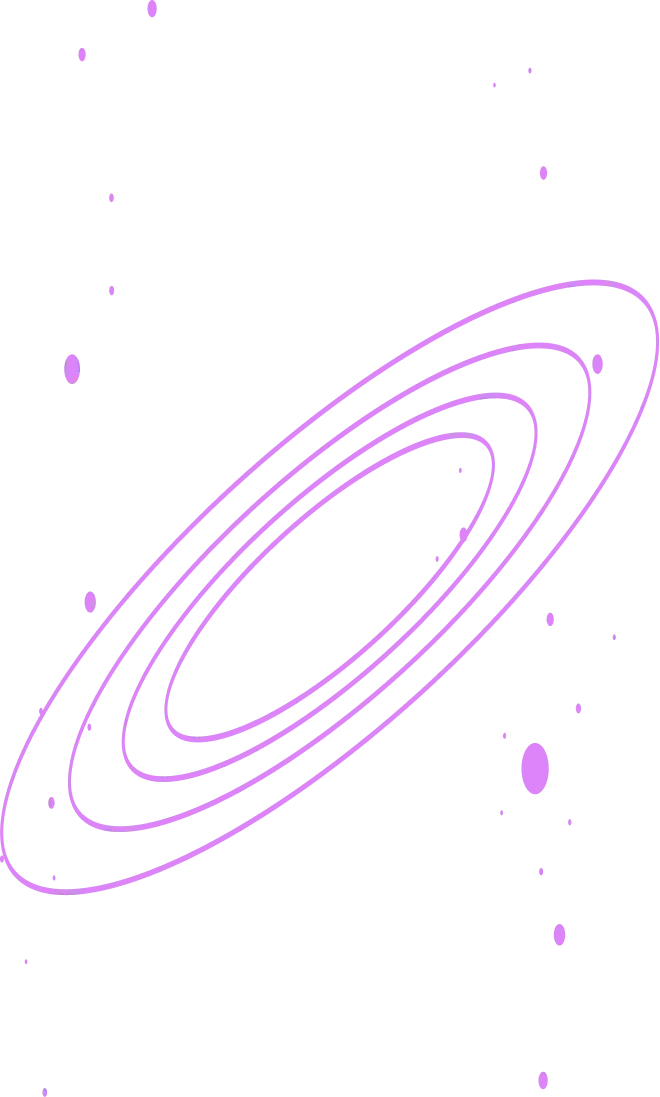 Purple spiral galaxy illustration with pixelated edges.