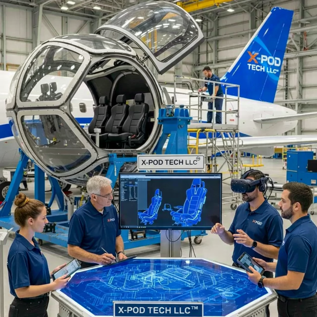 Engineers collaborate on aircraft design using digital models and blueprints.