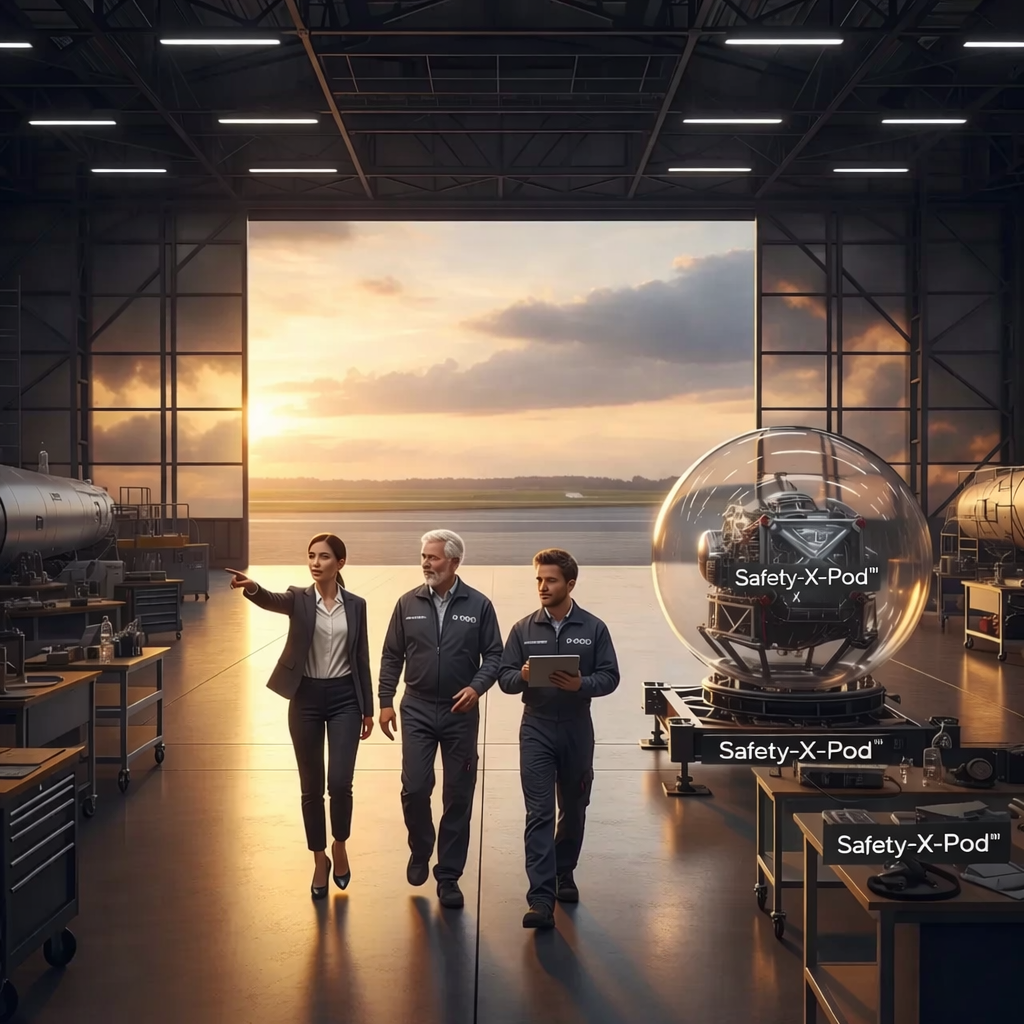 Four professionals walking confidently in a spacious industrial hangar at sunset.