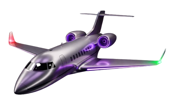 A sleek metallic private jet with purple lighting effects.