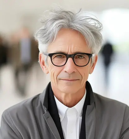 Older man with silver hair and glasses wearing a gray jacket.