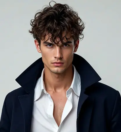 Young man with curly hair wearing a dark coat and white shirt.