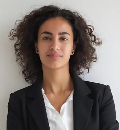 Professional woman with curly hair in business attire against white background.