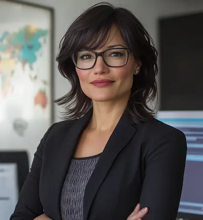 Confident professional woman with glasses smiling at the camera.