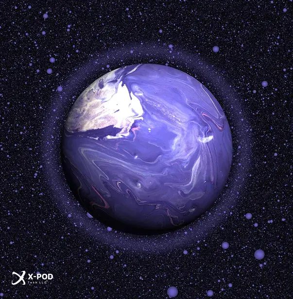 Digital art of a mystical planet surrounded by cosmic energy and stars.