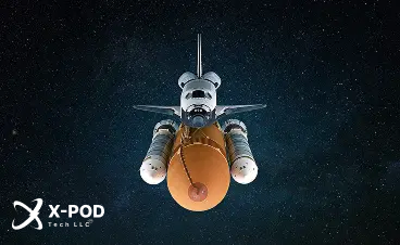 A detailed LEGO space shuttle model with fuel tanks against a starry background.