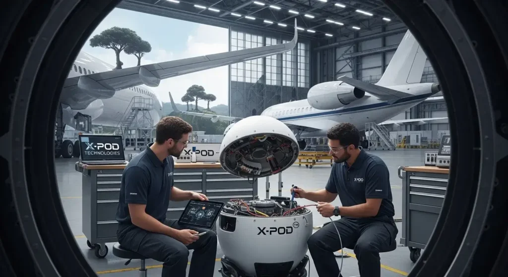 Two men working on a robot named X-POD in a futuristic hangar.