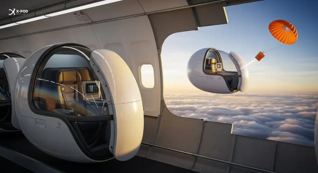 View from inside an airplane showing a pod-like seat and a wing with a camera.