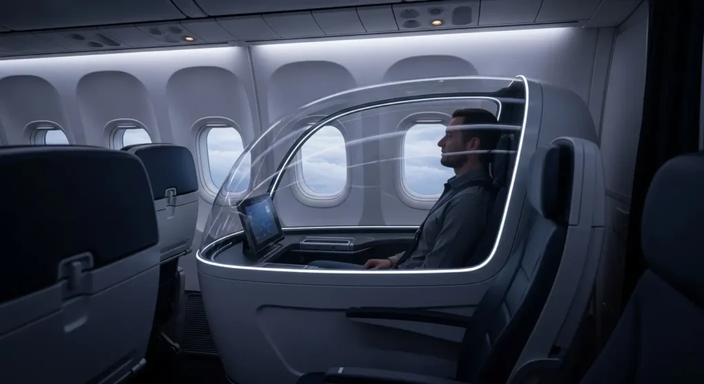 Passenger seated in an airplane cabin with a transparent protective shield.
