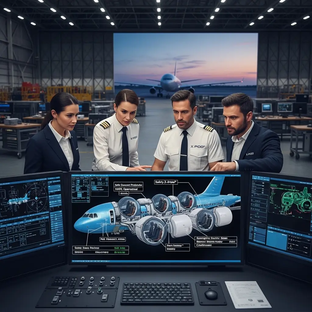 Engineers analyzing aircraft engine designs in a high-tech workspace.