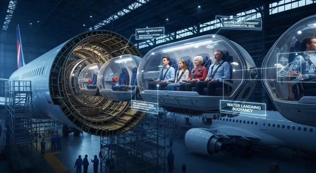 People sitting in futuristic pod-like seats inside a large, tunnel-like structure.