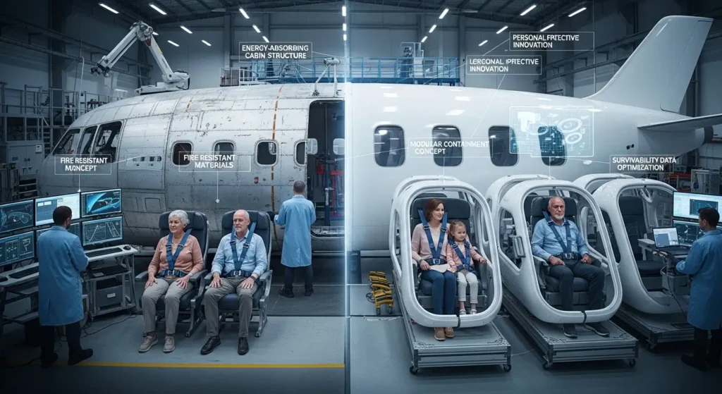 People experiencing airplane cabin simulations inside a facility.