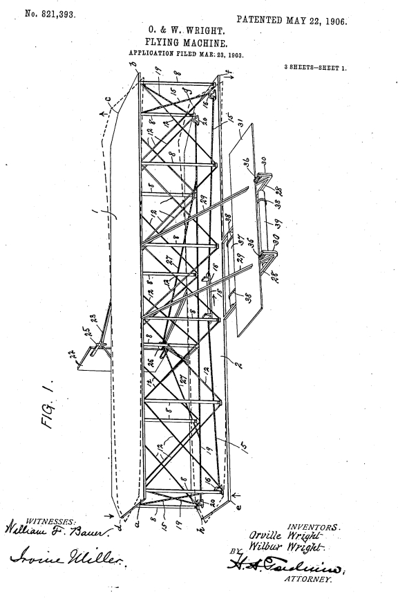 Wright brothers flying machine patent drawing.