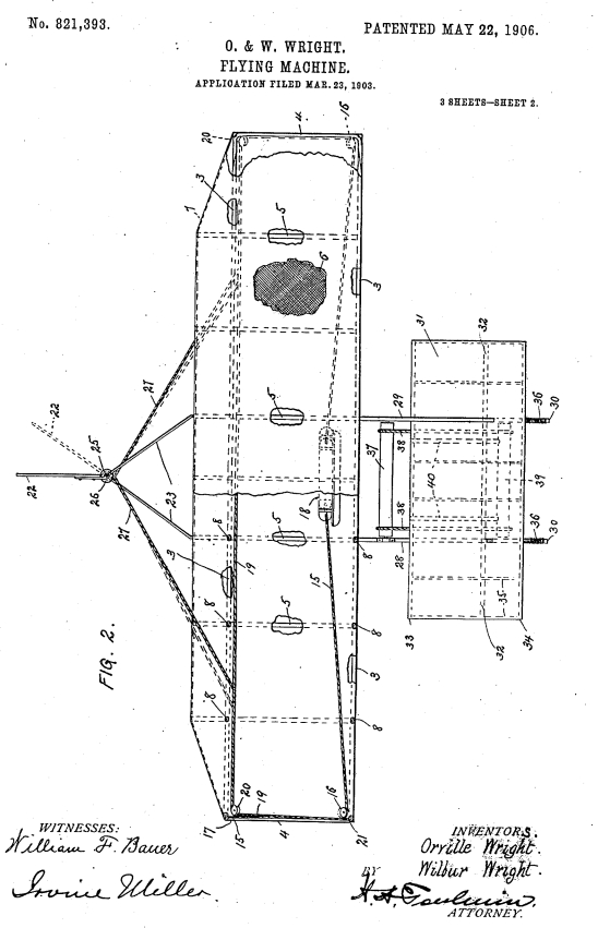 Wright brothers' flying machine patent drawing.