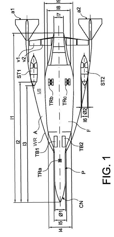 Technical diagram of an aircraft design blueprint.