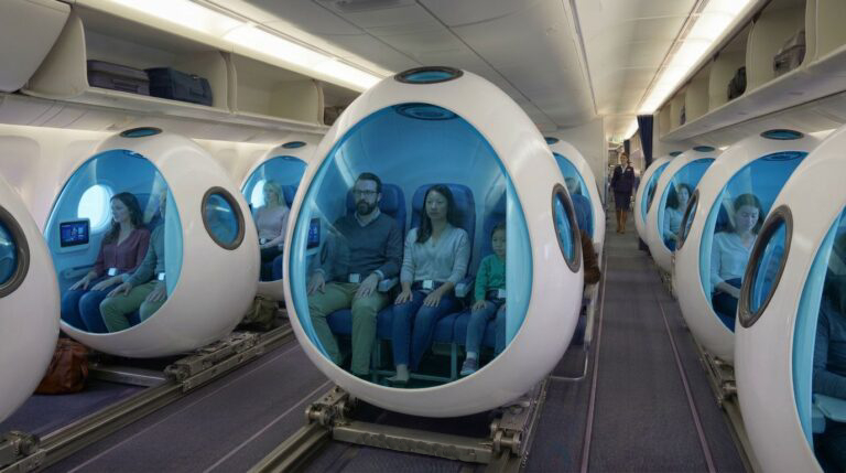 Futuristic airplane seating pods with passengers inside.