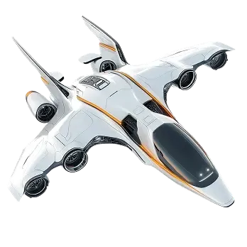Futuristic white and black jet with orange accents and twin engines.