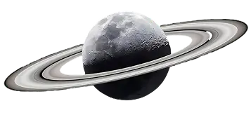 A gray moon with prominent craters and transparent rings encircling it.